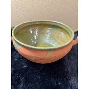 Handcrafted Rustic Terracotta & Olive Green Ceramic Bowl With Handles Glazed